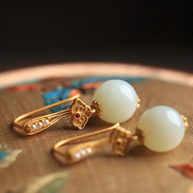 High-grade Ruyi Sterling Silver Ancient Gold Inlaid Hetian Vintage Earrings