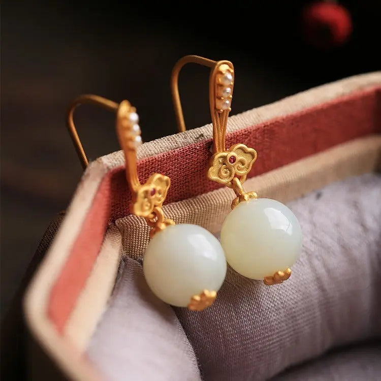 High-grade Ruyi Sterling Silver Ancient Gold Inlaid Hetian Vintage Earrings