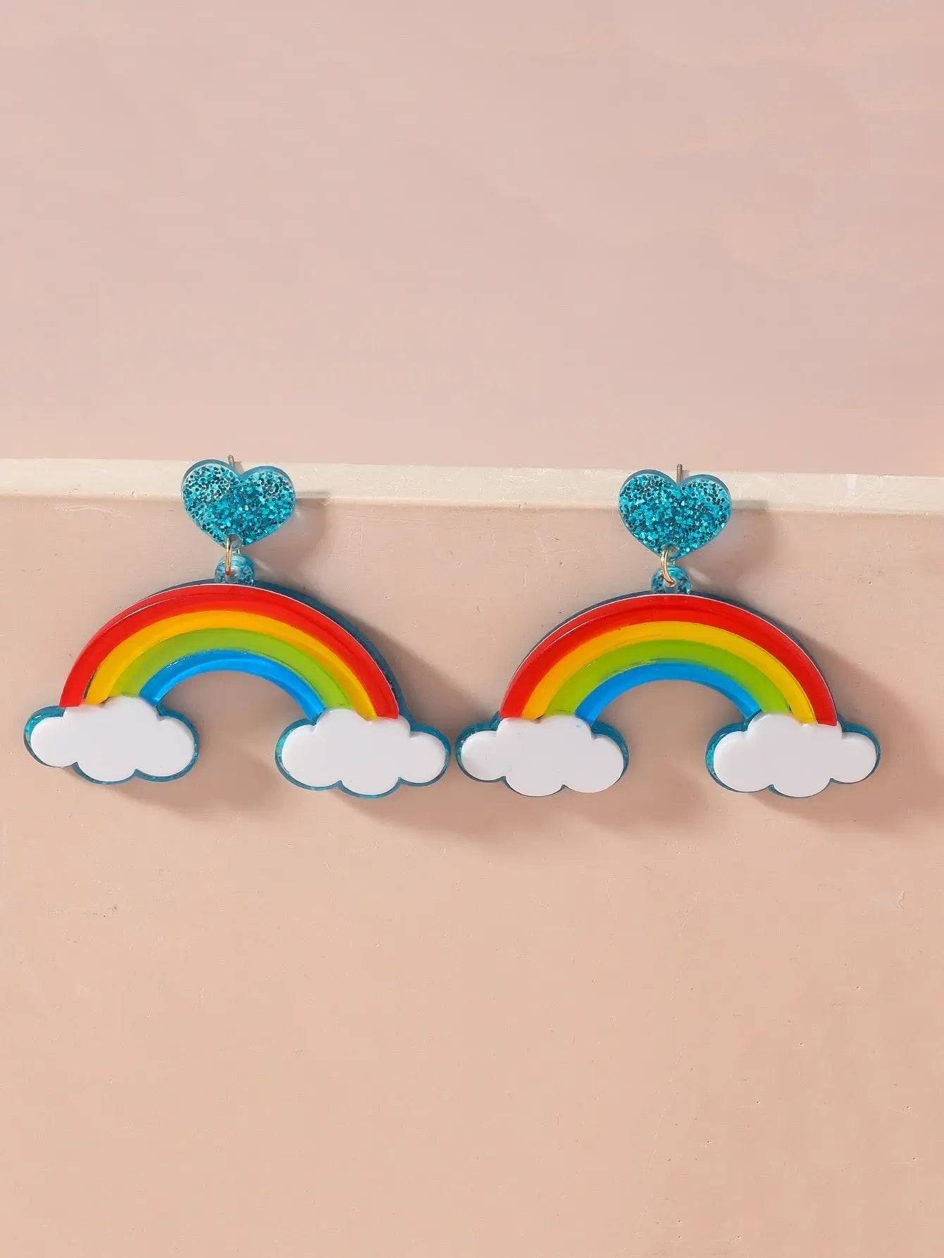 Multi-layer Stereo Acrylic Rainbow White Clouds Heart-shaped Earrings