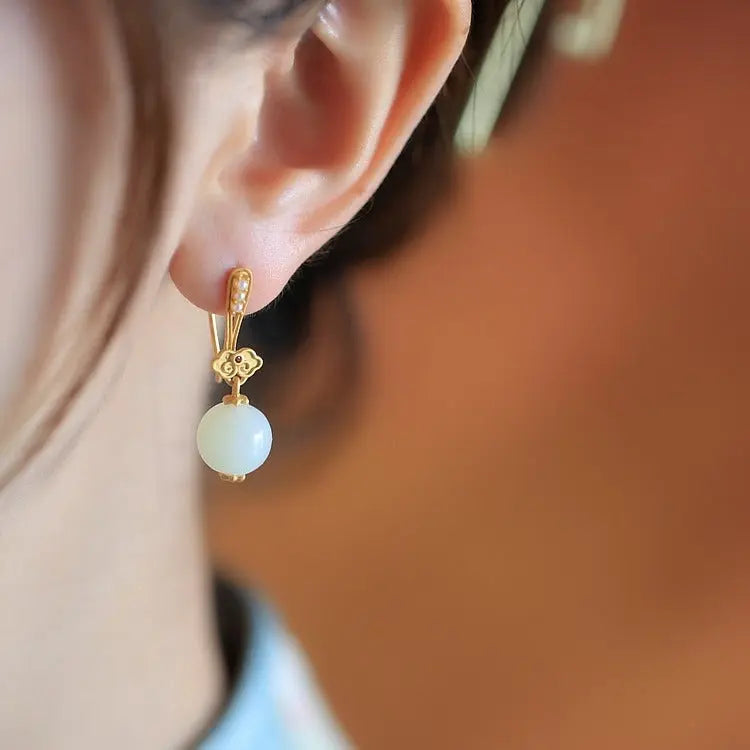 High-grade Ruyi Sterling Silver Ancient Gold Inlaid Hetian Vintage Earrings