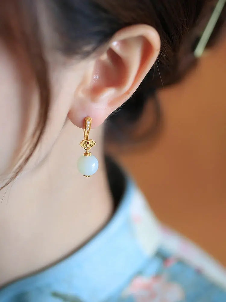 High-grade Ruyi Sterling Silver Ancient Gold Inlaid Hetian Vintage Earrings
