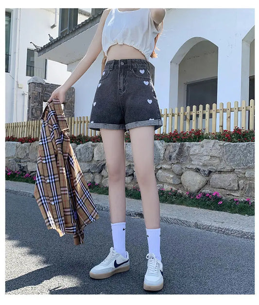 "Hearts" - High Waist Jeans Shorts - Jeans #