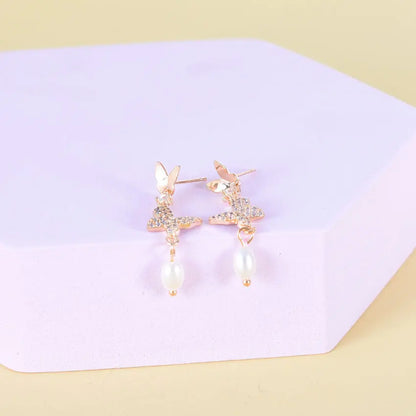 Freshwater Pearl Handmade Butterfly Earrings -   0