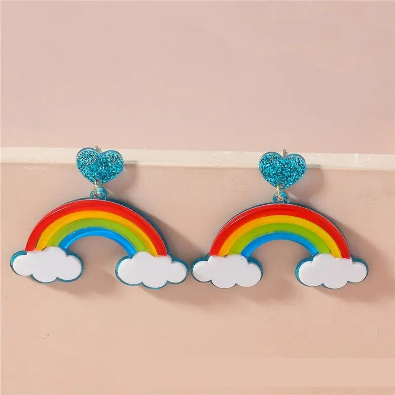 Multi-layer Stereo Acrylic Rainbow White Clouds Heart-shaped Earrings