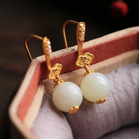 High-grade Ruyi Sterling Silver Ancient Gold Inlaid Hetian Vintage Earrings