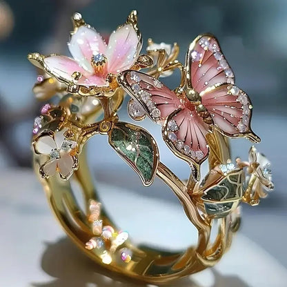 INS Flower Butterfly Ring With Rhinestones And Oil Dropping Design Fashion Personalized Jewelry For Women -   0