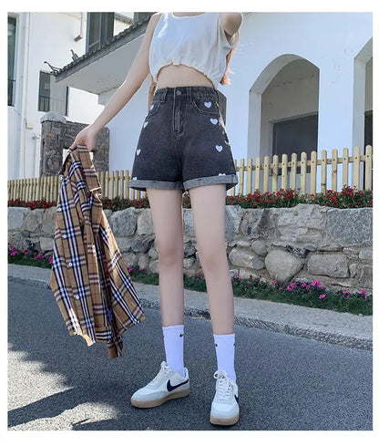 "Hearts" - High Waist Jeans Shorts -   Jeans #