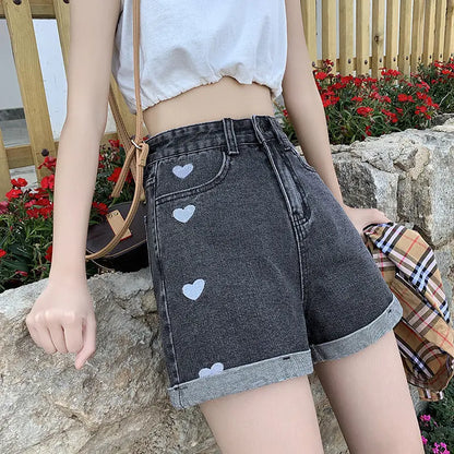 "Hearts" - High Waist Jeans Shorts -   Jeans #