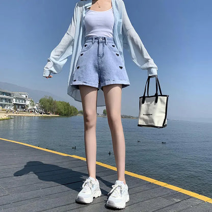 "Hearts" - High Waist Jeans Shorts -   Jeans #