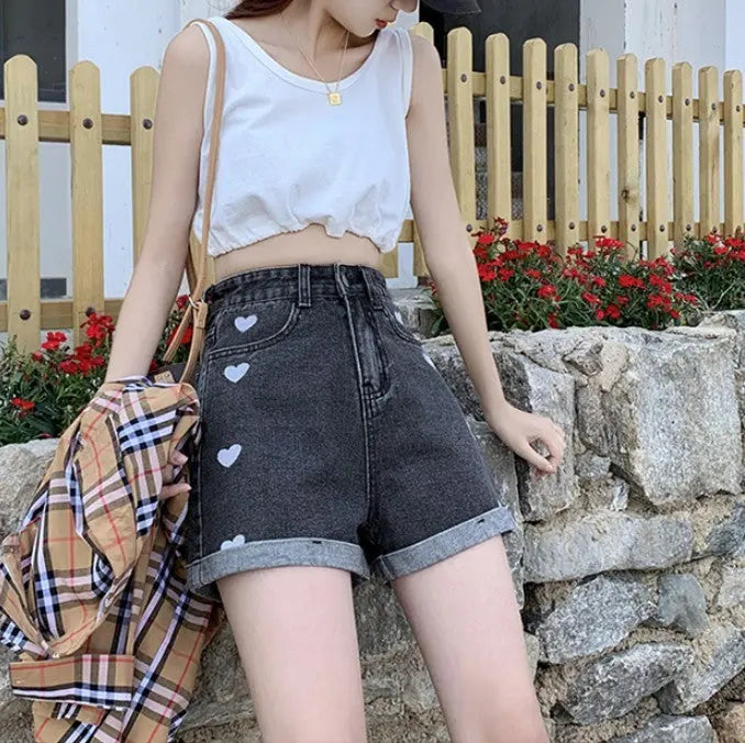 "Hearts" - High Waist Jeans Shorts -   Jeans #