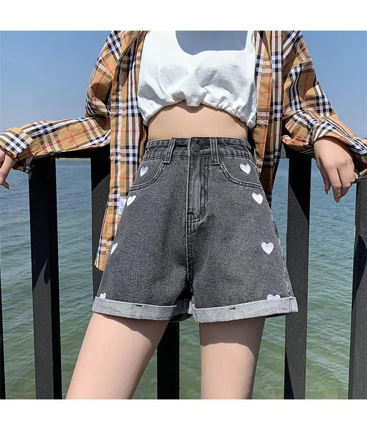 "Hearts" - High Waist Jeans Shorts -   Jeans #