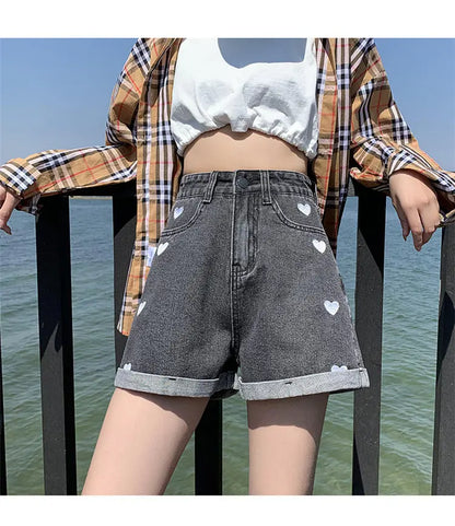 "Hearts" - High Waist Jeans Shorts -   Jeans #
