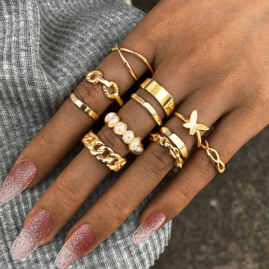 Retro  Pearl Knuckle Ring Butterfly Ring Suit 10-piece Set