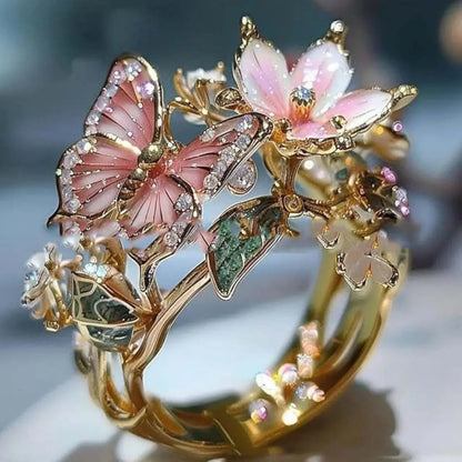 INS Flower Butterfly Ring With Rhinestones And Oil Dropping Design Fashion Personalized Jewelry For Women -   0