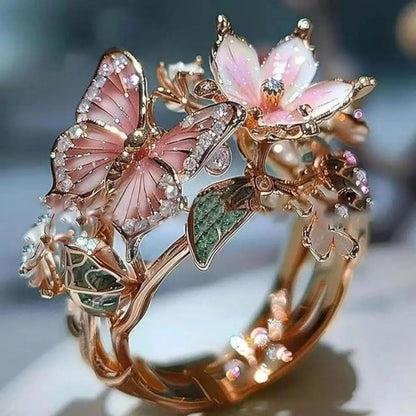 INS Flower Butterfly Ring With Rhinestones And Oil Dropping Design Fashion Personalized Jewelry For Women -   0