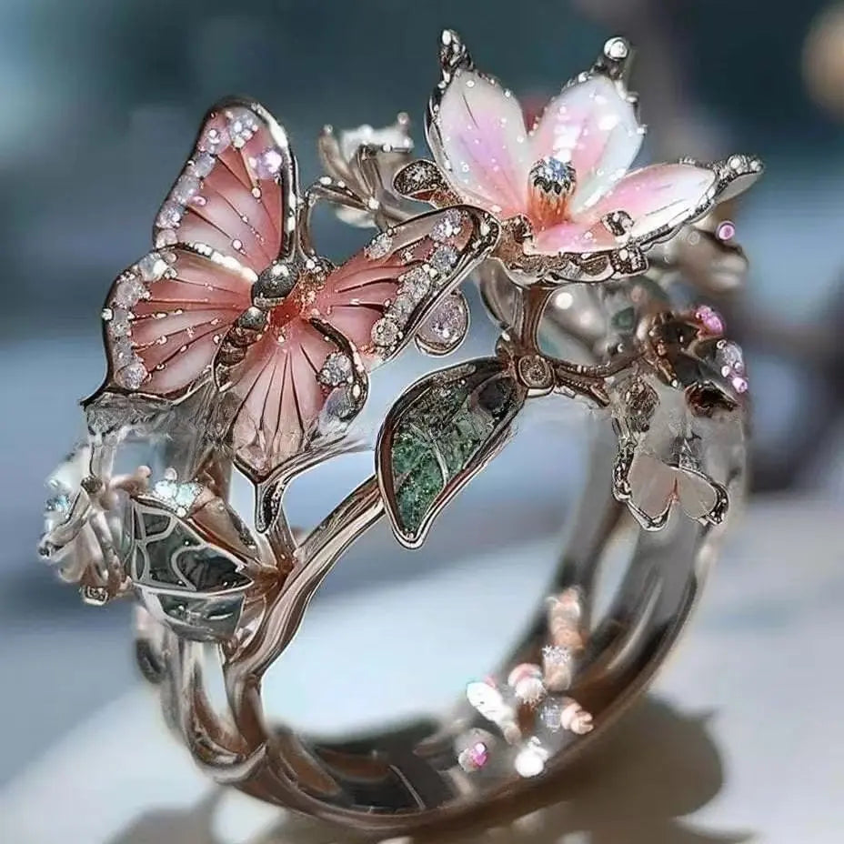 INS Flower Butterfly Ring With Rhinestones And Oil Dropping Design Fashion Personalized Jewelry For Women -   0