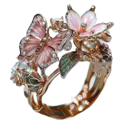 INS Flower Butterfly Ring With Rhinestones And Oil Dropping Design Fashion Personalized Jewelry For Women -   0