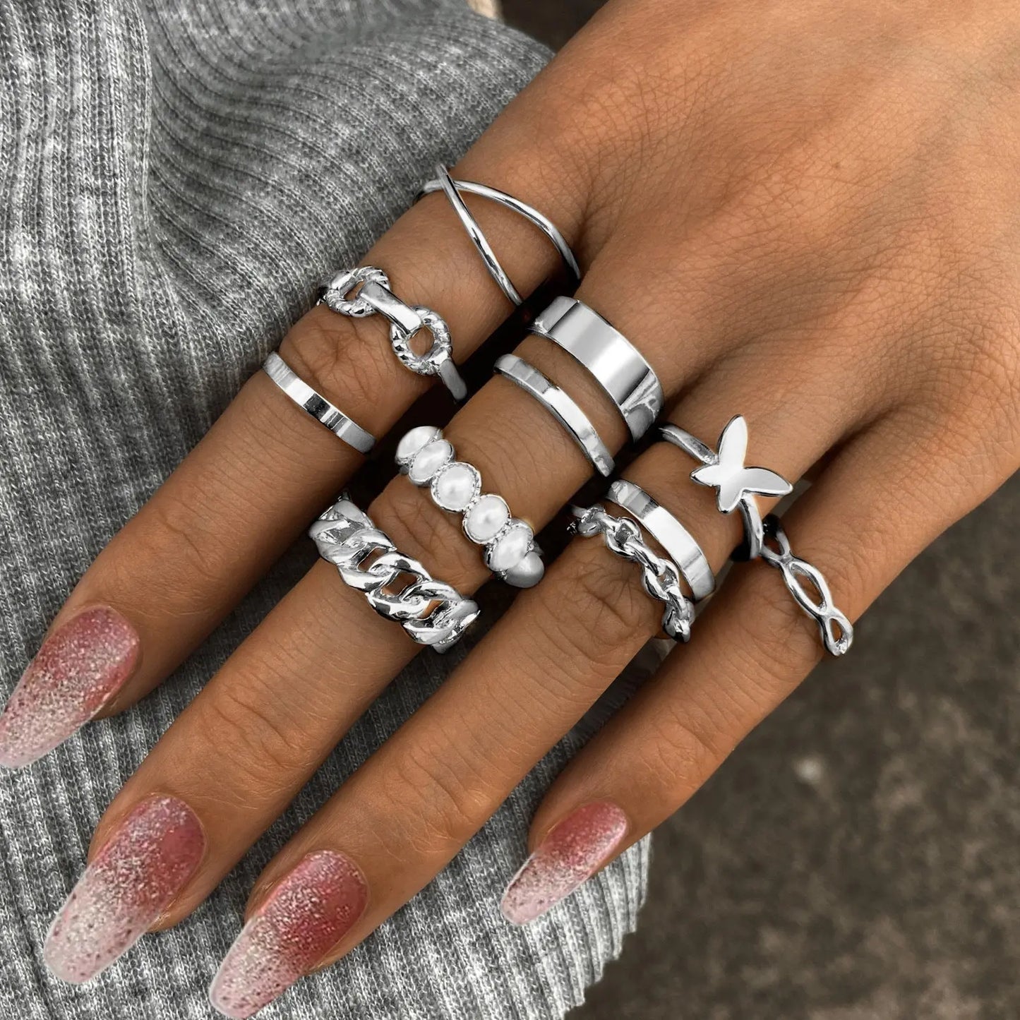 Retro  Pearl Knuckle Ring Butterfly Ring Suit 10-piece Set