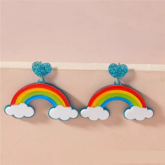 Multi-layer Stereo Acrylic Rainbow White Clouds Heart-shaped Earrings
