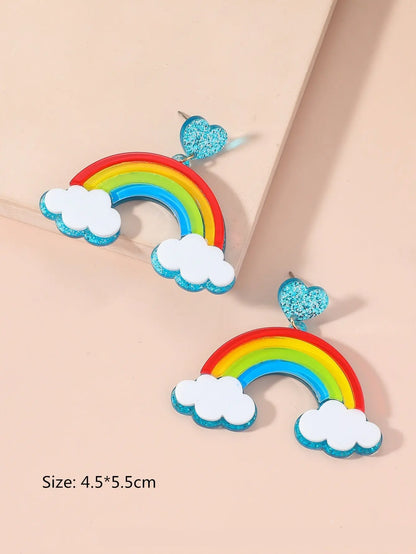 Multi-layer Stereo Acrylic Rainbow White Clouds Heart-shaped Earrings - Marvelous Miss McCray